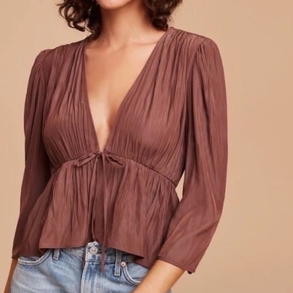 Aritzia Wilfred Shania brown satin front tie blouse - Picture 2 of 3